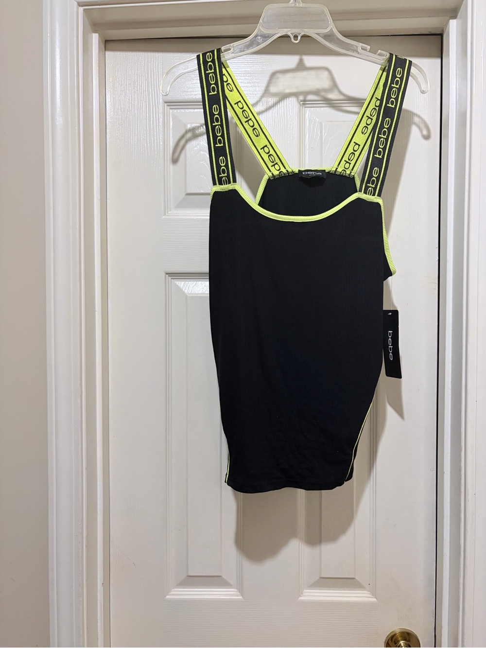 bebe Black Tank with Neon Yellow Branded Straps and Trim